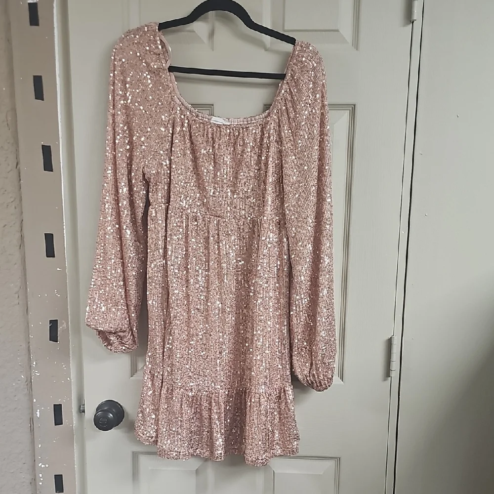 Sequin Long Sleeve Mini Dress in Rose Gold - Picture 1 of 4